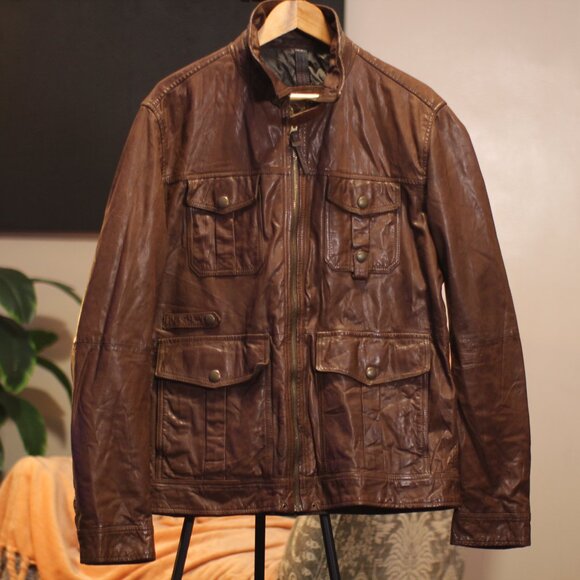 Massimo Dutti Dark Brown Leather Field Jacket, Genuine Leather - Picture 2 of 15